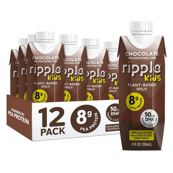 Ripple Kids Chocolate Non-Dairy Milk 8g Pea Protein l Shelf-Stable l Singe Serve Cartons l Plant Based (8 Fl Oz (Pack of 12), Kids Chocolate)