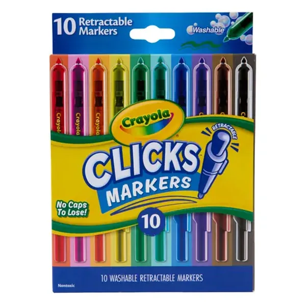 Crayola Clicks Retractable Markers, 10ct, Cone Tip Washable Markers, Cute School Supplies, Classroom Essentials, Gifts for Teachers and Kids, Ages 6+