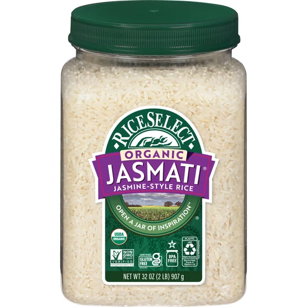 RiceSelect Organic Jasmati White Rice, American-Style Jasmine Rice, 2 lb Jar