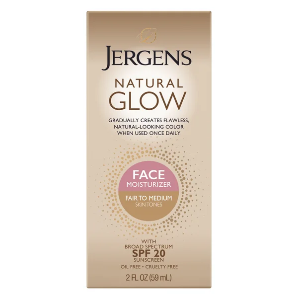 Jergens Natural Glow Face Moisturizer Fair to Medium, SPF 20 Self Tanner, Sunscreen, 2 fl oz