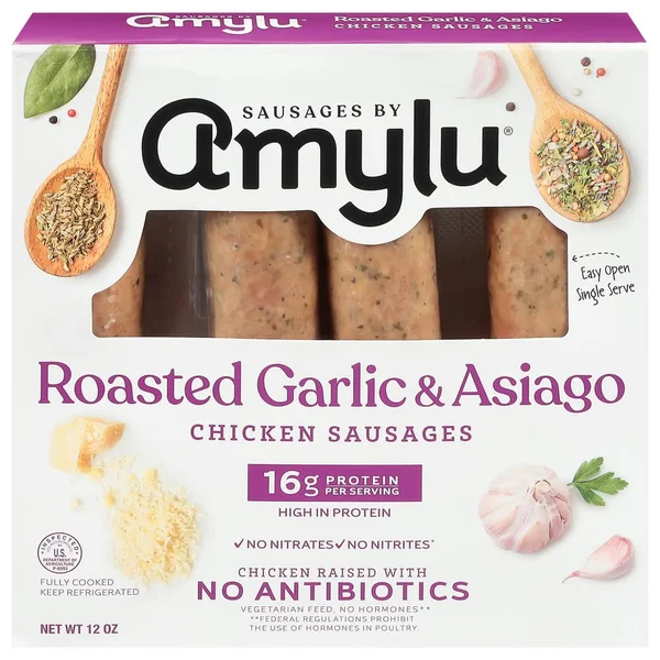 Amylu Foods Chicken Sausages, Roasted Garlic & Asiago