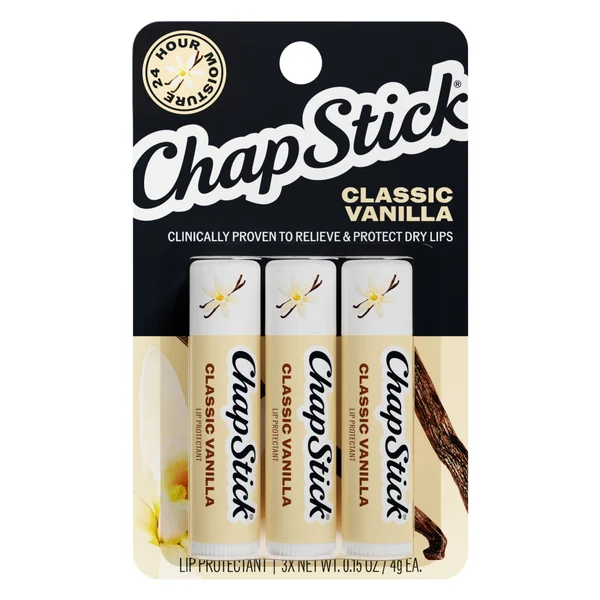 ChapStick Classic Vanilla Flavored Lip Protectant Sticks, Prevent Chapping, 24 Hour Moisturizing Lip Balm, Relieves Dryness, 3-Pack, 0.15 oz Each