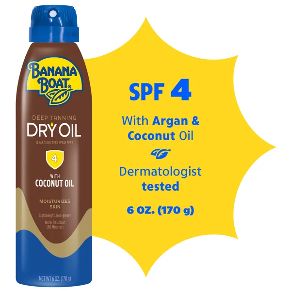 Banana Boat Deep Tanning Oil Spray SPF 4, Clear Dry Sunscreen Spray, Dark Tanning Oil, 6 oz