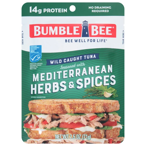 Bumble Bee Mediterranean Herbs & Spices Seasoned Light Tuna, Wild Caught, Gluten Free, 14g Protein per Serving, Ready to Eat, Shelf Stable Pouch, 2.5 oz