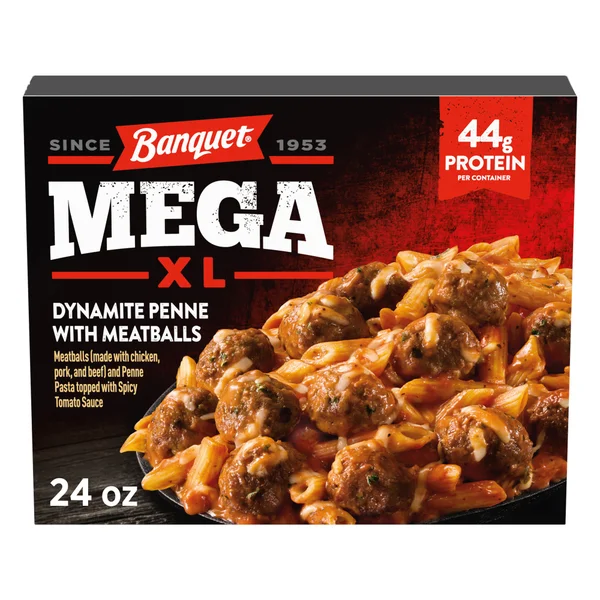 Banquet MEGA XL Dynamite Penne with Meatballs, 44g Protein Per Container, Frozen Meal, 24 oz.