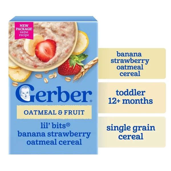 Gerber Lil' Bits Oatmeal & Fruit Cereal Baby Food 12+ Months Toddler, Banana Strawberry