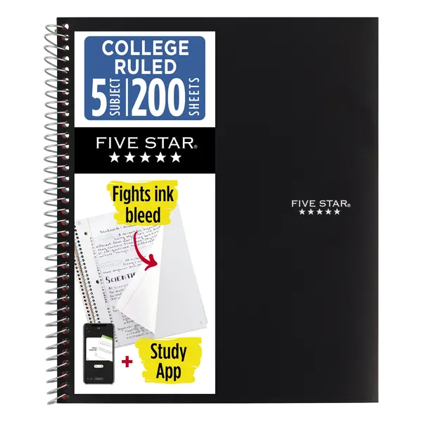 Five Star Spiral Notebook + Study App, 5 Subject, College Ruled, 8.5" x 11", Black