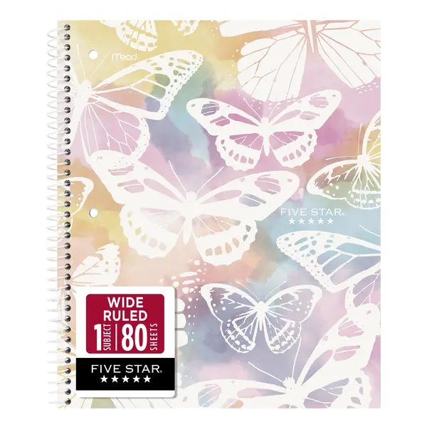 Five Star 1 Subject Wide Ruled Notebook Plus Study App, 8" x 10.5", Pastel Butterfly, Poly, Spiral, 80 Sheets