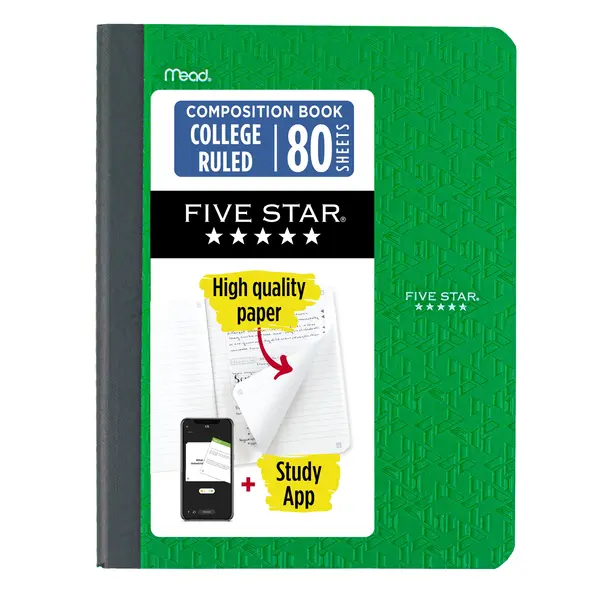 Five Star Composition Book Plus Study App, College Ruled, 80 Sheets, Retro Green