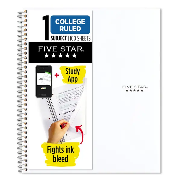 Five Star 1 Subject College Ruled Notebook Plus Study App, 8.5" x 11", White, Poly, Spiral, 100 Sheets