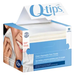 Q-tips Clean Disposable Face Towels for Hygienic Daily Cleansing, 100% Cotton, 50 Count
