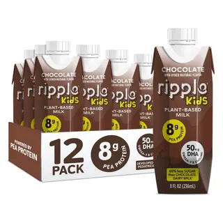 Ripple Kids Chocolate Non-Dairy Milk 8g Pea Protein l Shelf-Stable l Singe Serve Cartons l Plant Based (8 Fl Oz (Pack of 12), Kids Chocolate)