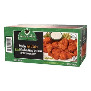 Garden Valley Breaded Hot & Spicy Halal Chicken Wing Sections, Fully Cooked - 10 lbs