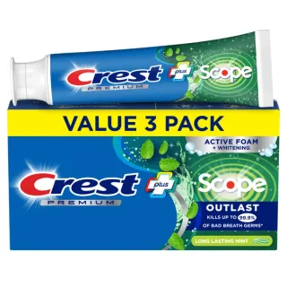 Crest Toothpaste, Premium Plus Scope Outlast Fluoride Toothpaste, Mint, 5.2 oz, 3 pack