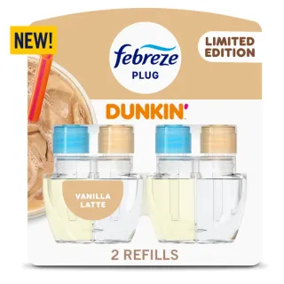 Febreze Plug In Air Freshener, Odor-Fighting Scented Oil Refill, Dunkin' Vanilla Latte Scent, 2 Refills