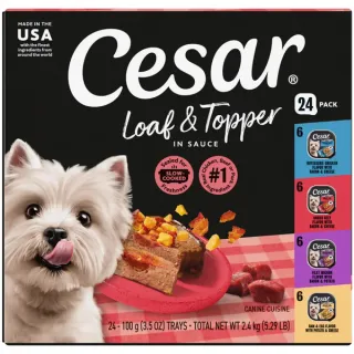 Cesar Loaf & Topper Chicken, Beef, & Pork Variety Pack Soft Wet Dog Food, 3.5 Oz Trays (24 Ct)