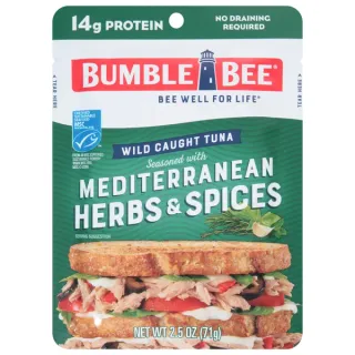 Bumble Bee Mediterranean Herbs & Spices Seasoned Light Tuna, Wild Caught, Gluten Free, 14g Protein per Serving, Ready to Eat, Shelf Stable Pouch, 2.5 oz