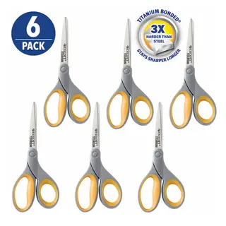 Westcott 8" Titanium Bonded Scissors, Grey/Yellow, 6-Pack for Office and School