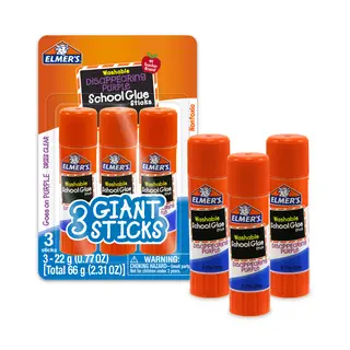 Elmer's Disappearing Purple School Giant Glue Sticks, Washable, 22 g Each, 3 Count