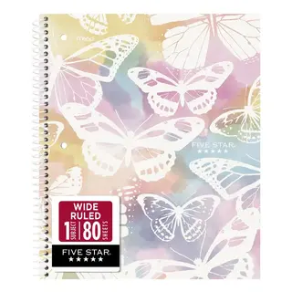 Five Star 1 Subject Wide Ruled Notebook Plus Study App, 8" x 10.5", Pastel Butterfly, Poly, Spiral, 80 Sheets