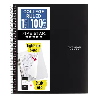 Five Star 1 Subject College Ruled Notebook Plus Study App, 8.5" x 11", Black, Poly, Spiral, 100 Sheets