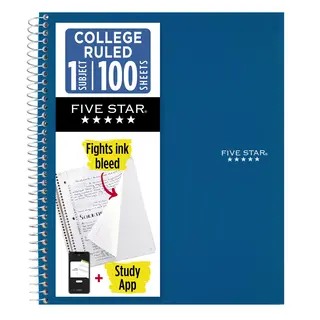 Five Star 1 Subject College Ruled Notebook Plus Study App, 8.5" x 11", Pacific Blue, Poly, Spiral, 100 Sheets