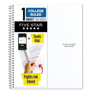 Five Star 1 Subject College Ruled Notebook Plus Study App, 8.5" x 11", White, Poly, Spiral, 100 Sheets